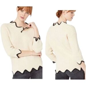 J.O.A Just One Answer Ribbed Beige 3/4 Sleeve Sweater Black Fluffy Details Sz S